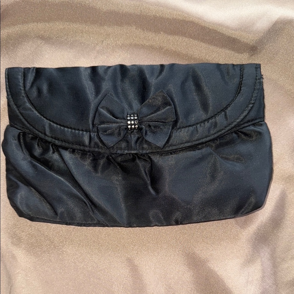 Vintage Black Magic Elegant Black Satin Clutch Rhinestone Bow Detail Cord Strap